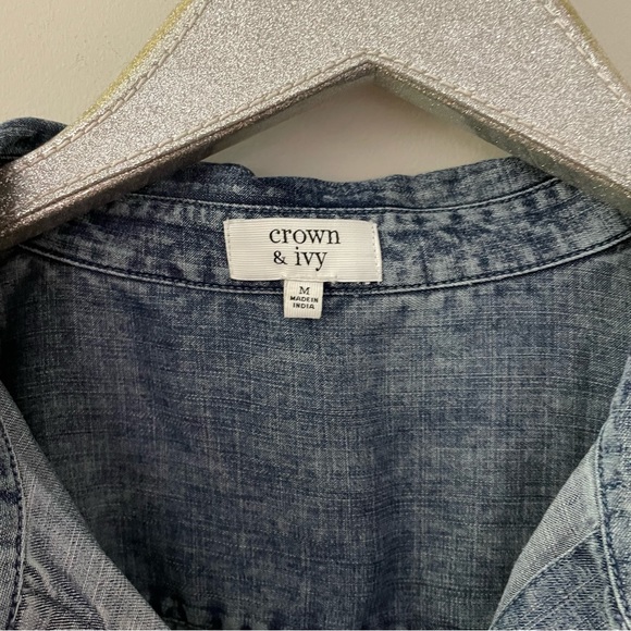 Crown & Ivy Chambray Denim Button Down Long Sleeve Shirt with Jeweled Pocket - Picture 3 of 8